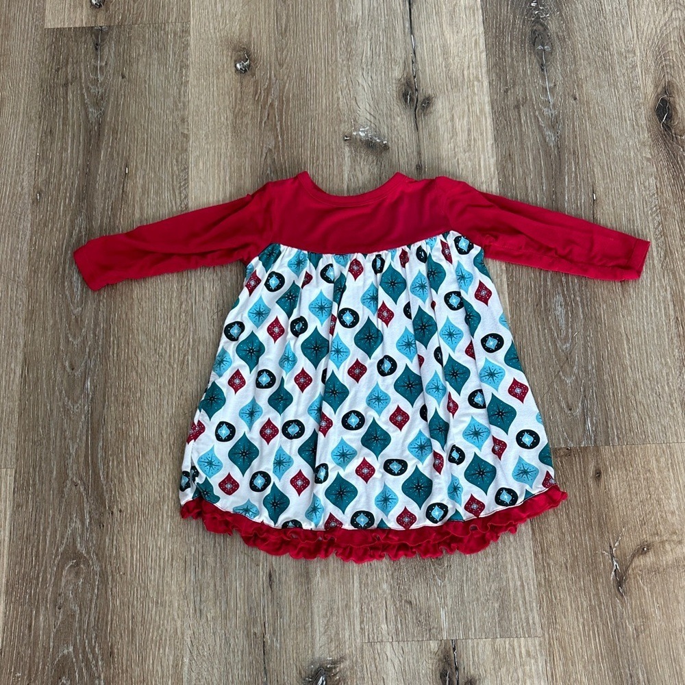 Kickee Pants Bamboo Retro‎ Holiday Ornament LS Ruffle Dress 12-18M Red Blue
